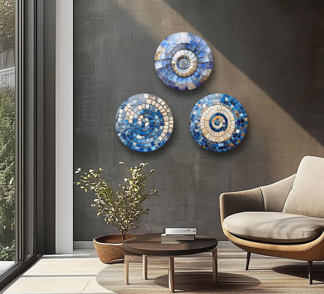 Azure Spiral Harmony – Blue Mosaic Round Glass Wall Art Set