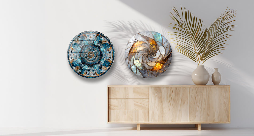 Golden Harmony Trio – Abstract Mosaic Round Glass Wall Art Set
