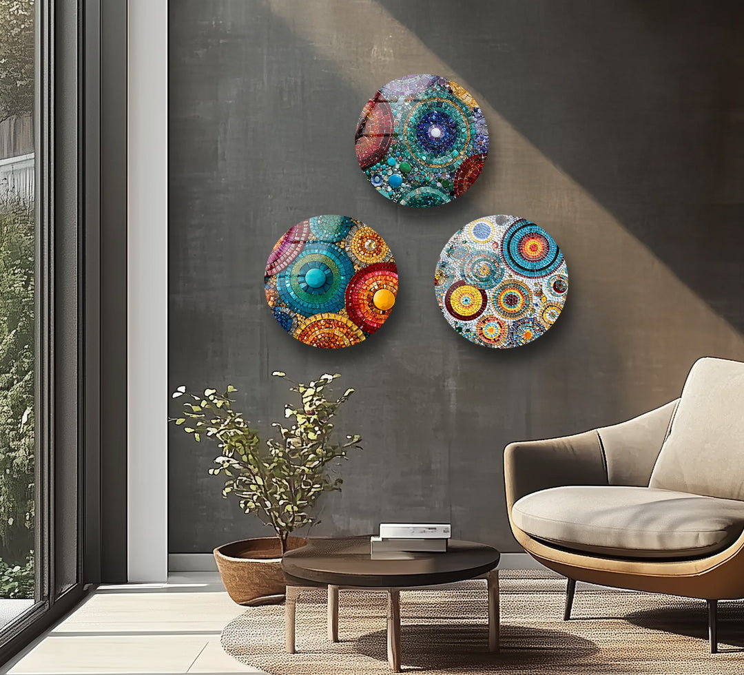 Radiant Mosaic Circles – Colorful Abstract Round Glass Wall Art Set