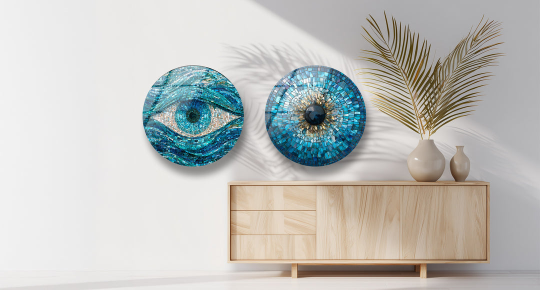 Blue Mosaic Protection Trio – Evil Eye Round Glass Wall Art Set