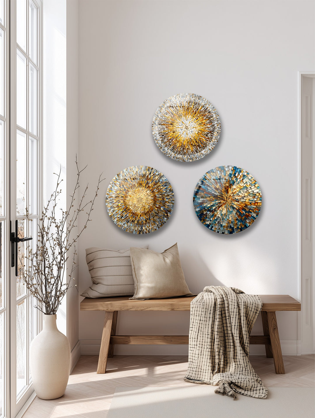 Golden Radiance Quartet – Sunburst Mosaic Round Glass Wall Art Set