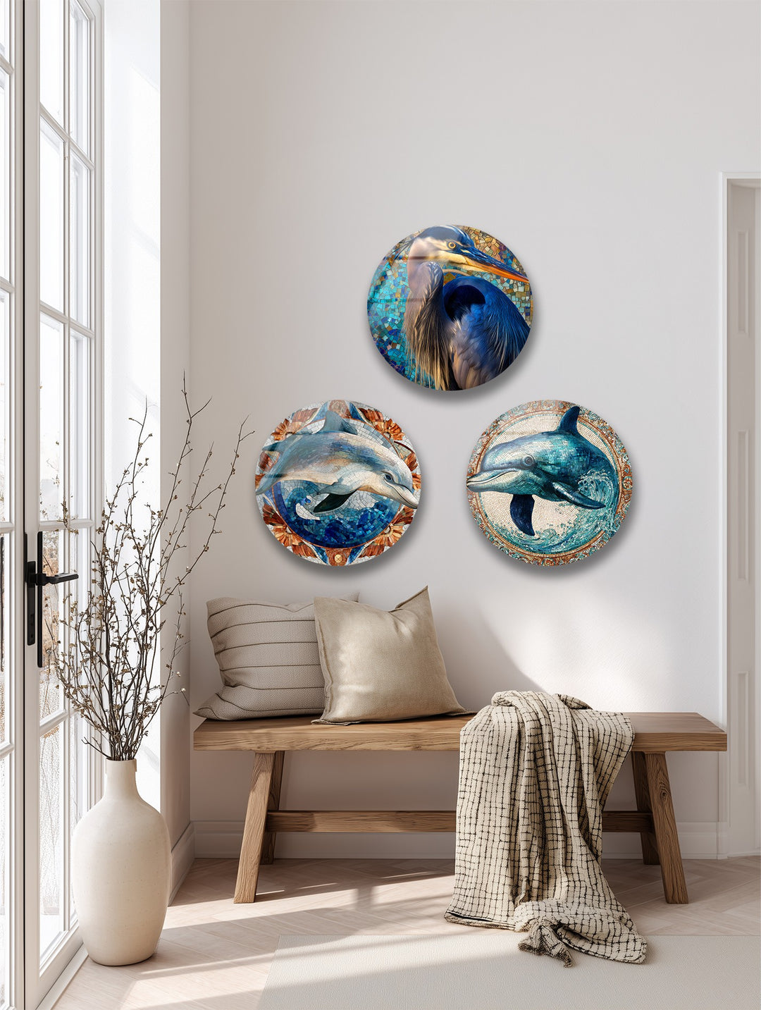 Oceanic Harmony Trio – Dolphin & Heron Mosaic Round Glass Wall Art Set