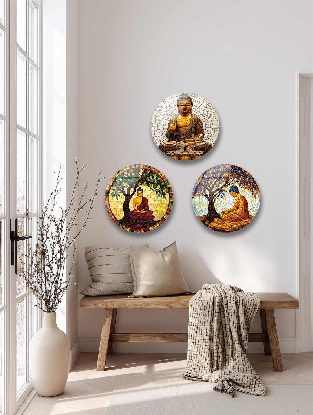 Serene Enlightenment Set – Buddha Mosaic Round Glass Wall Art Collection