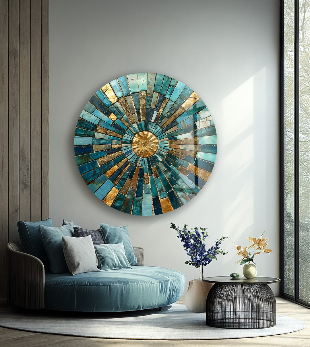 Golden Horizon – Turquoise Mosaic Round Glass Wall Art