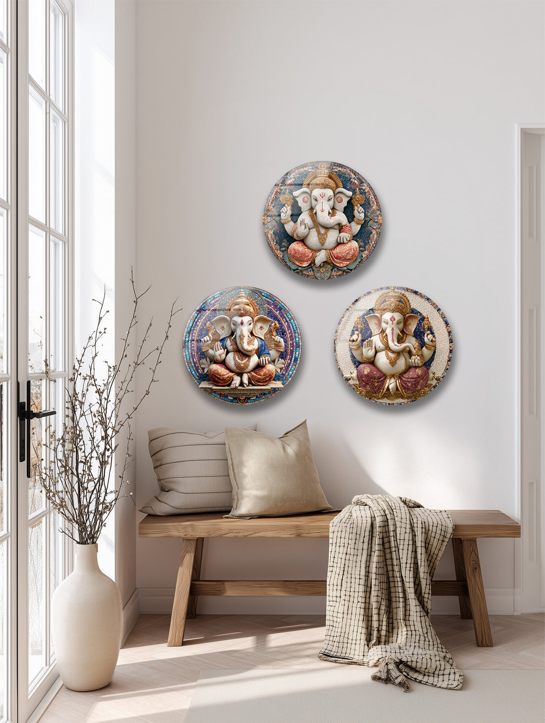 Divine Prosperity Trio – Lord Ganesha Round Glass Wall Art Set