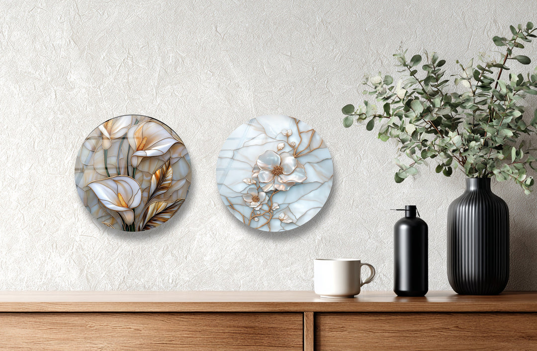 Golden Blossom Harmony – Elegant Floral Round Glass Wall Art Set