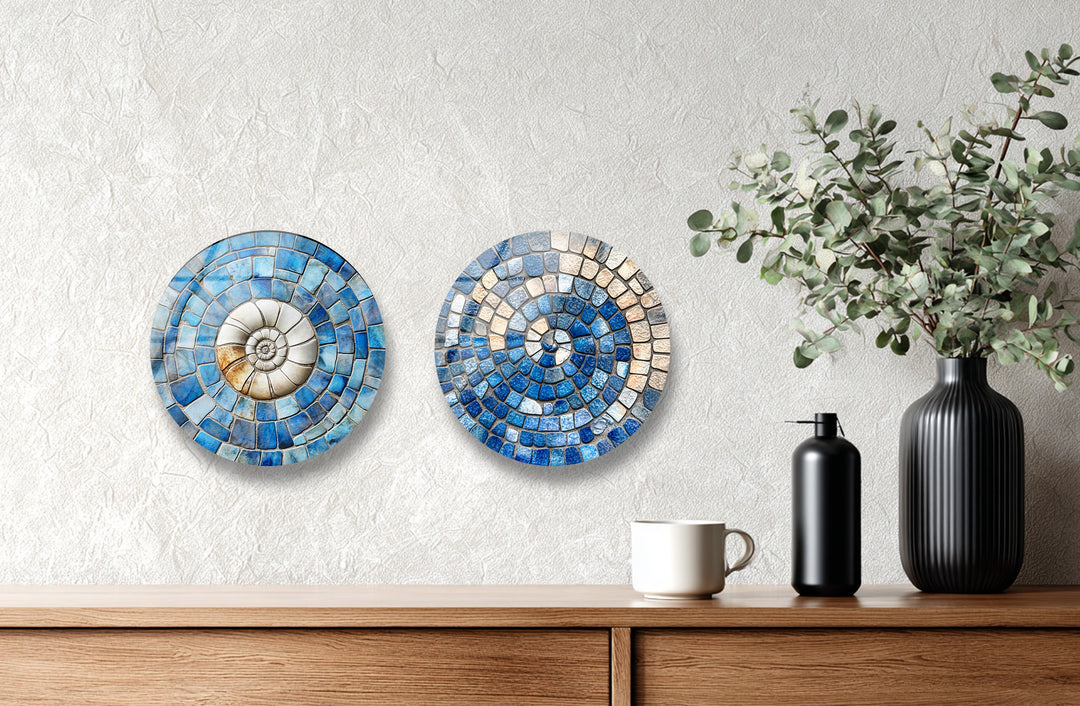 Azure Spiral Harmony – Blue Mosaic Round Glass Wall Art Set