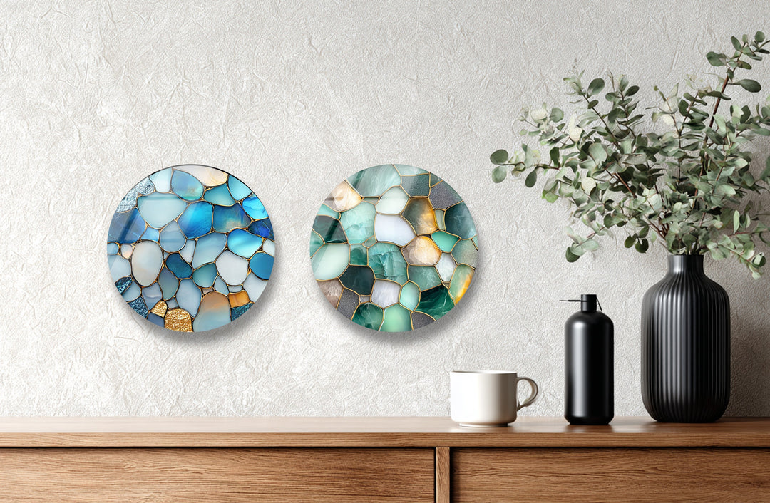 Serene Glow – Ocean Pebble Mosaic Round Glass Wall Art Set