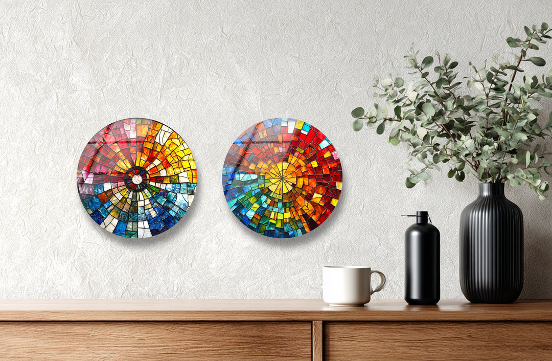 Radiant Spectrum – Color Burst Mosaic Round Glass Wall Art Set