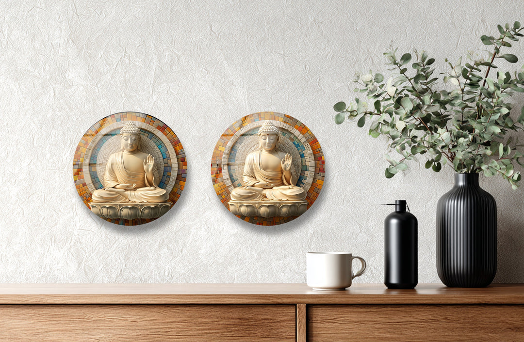 Tranquil Enlightenment – Buddha Mosaic Round Glass Wall Art Set