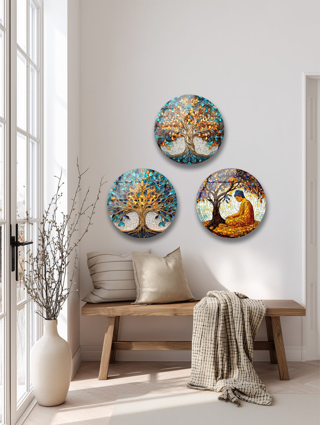 Golden Harmony Trees – Round Glass Wall Art Set