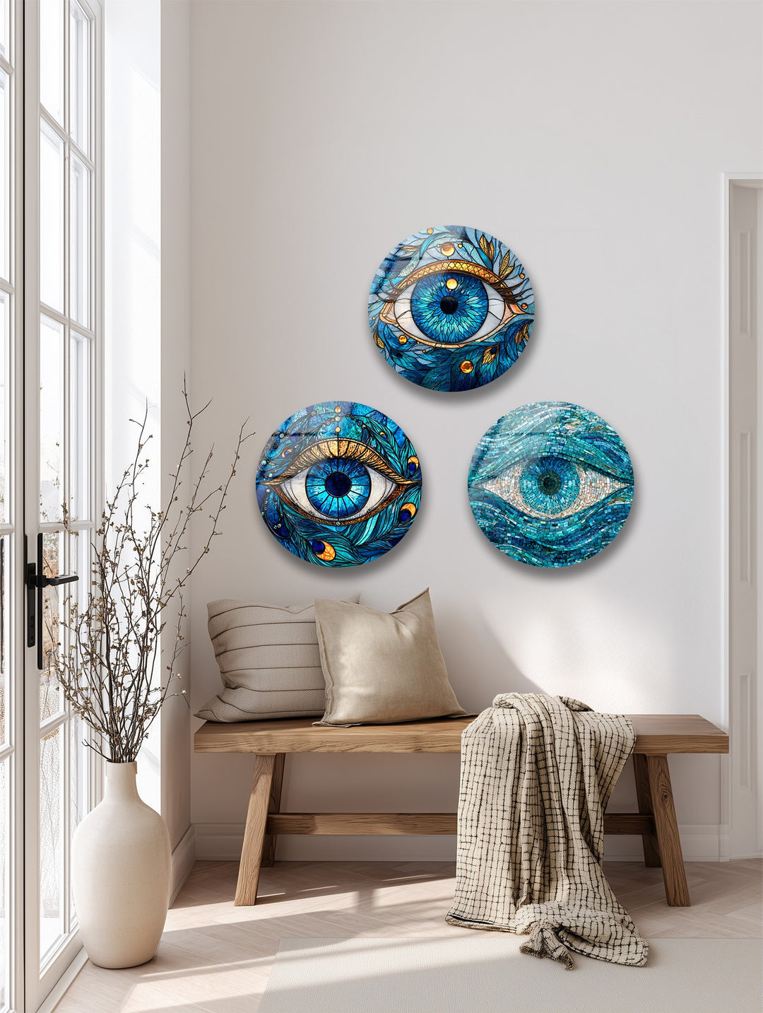 Mystic Vision Trio – Blue Evil Eye Mosaic Round Glass Wall Art Set