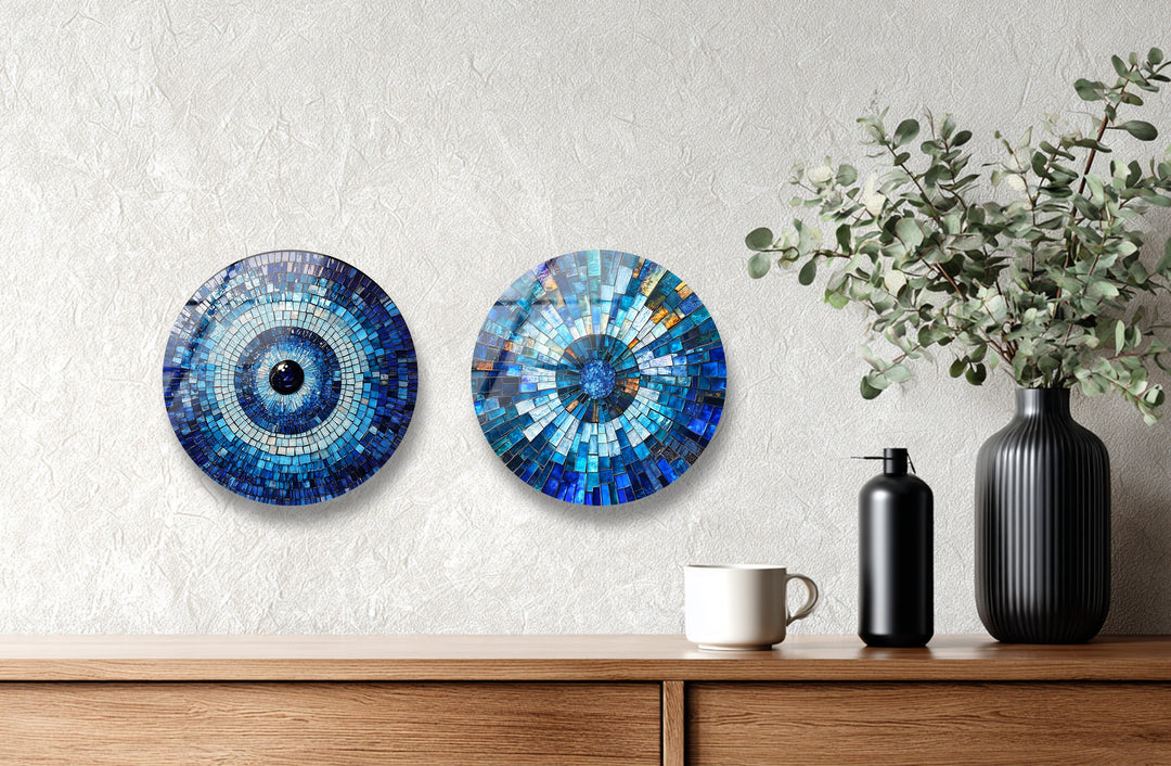 Blue Mosaic Harmony – Evil Eye Inspired Round Glass Wall Art Set