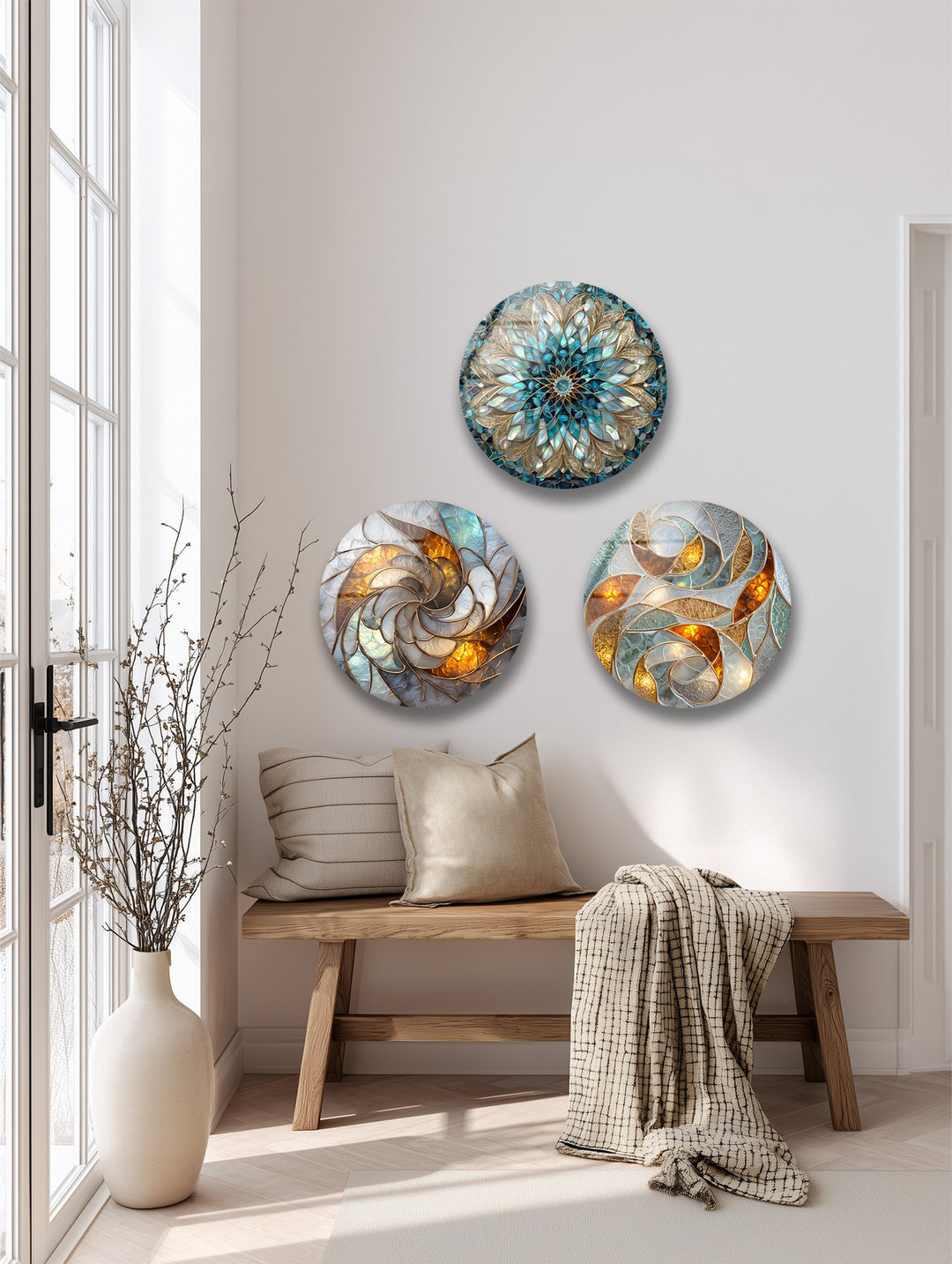 Golden Harmony Trio – Abstract Mosaic Round Glass Wall Art Set