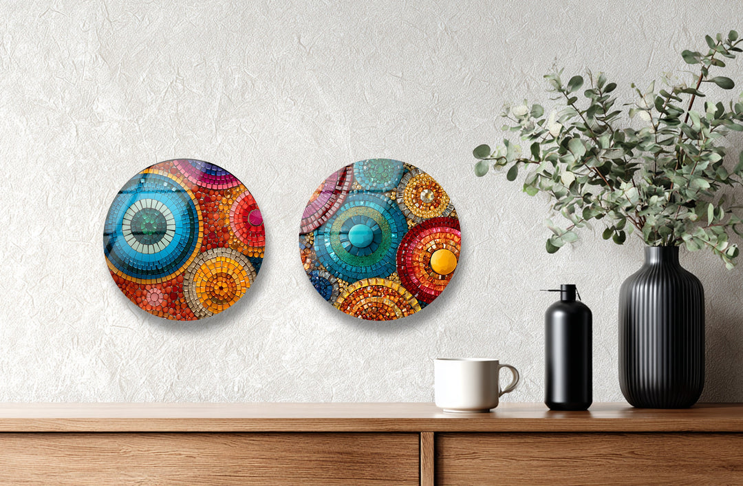 Radiant Mosaic Circles – Colorful Abstract Round Glass Wall Art Set