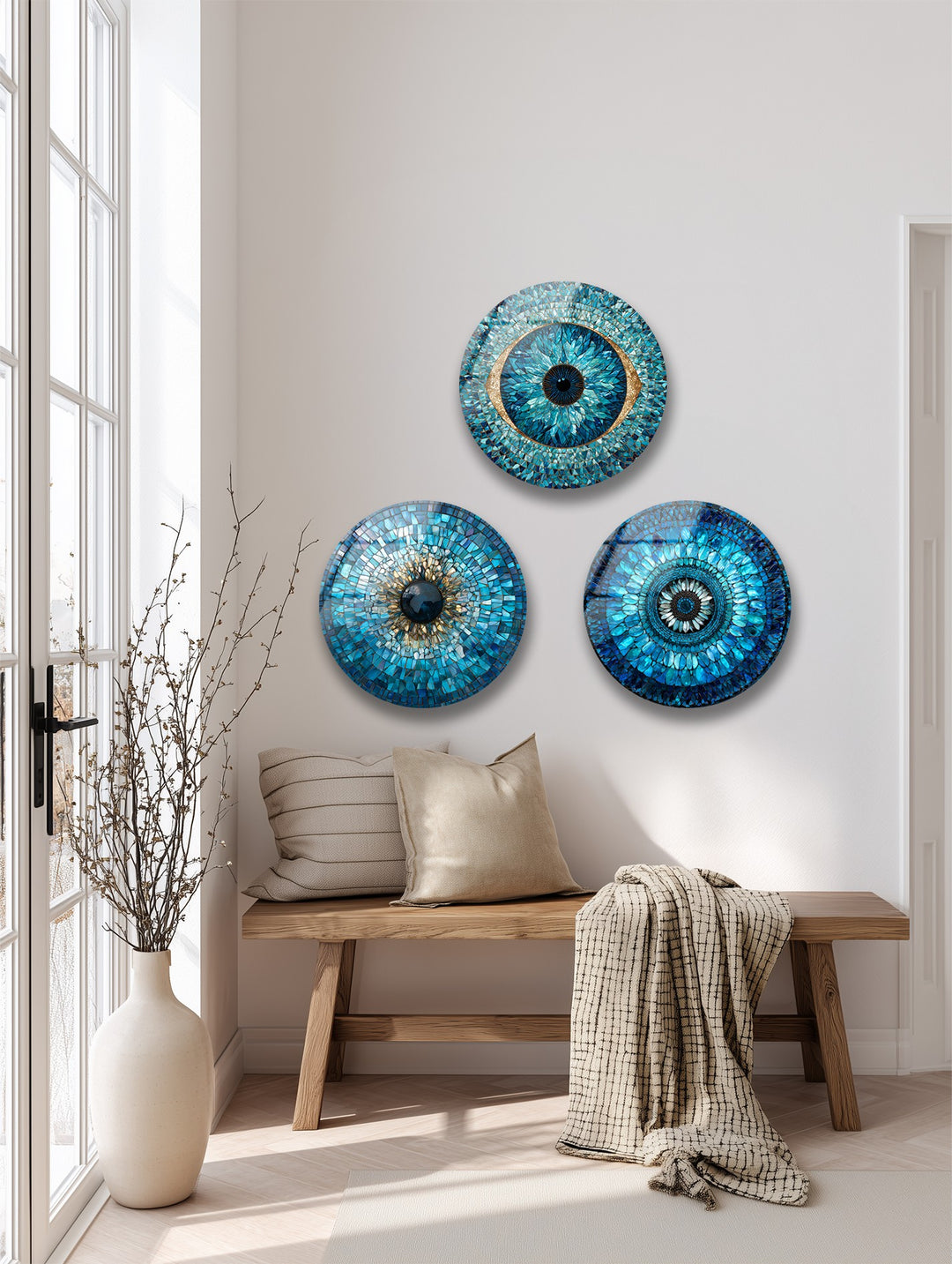 Blue Mosaic Protection Trio – Evil Eye Round Glass Wall Art Set