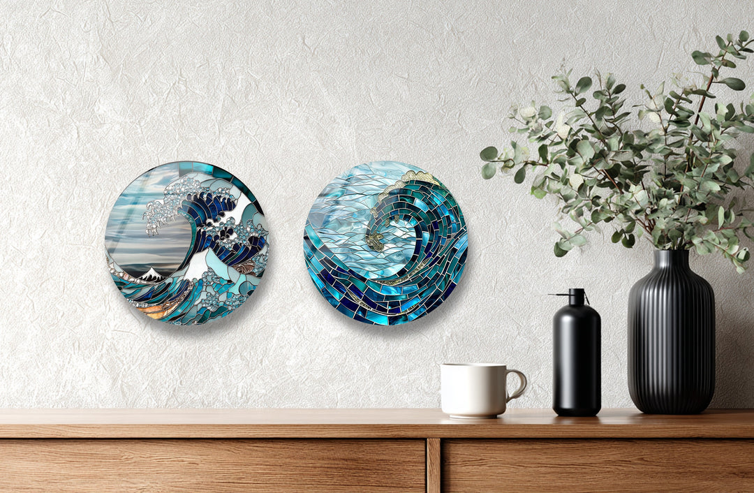 Oceanic Waves – Mosaic Sea-Inspired Round Glass Wall Art Set