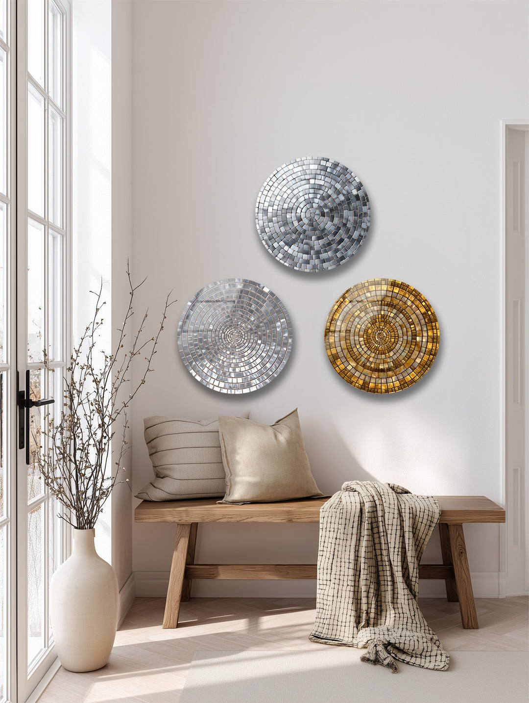 Radiant Reflections Trio – Gold & Silver Mosaic Round Glass Wall Art Set