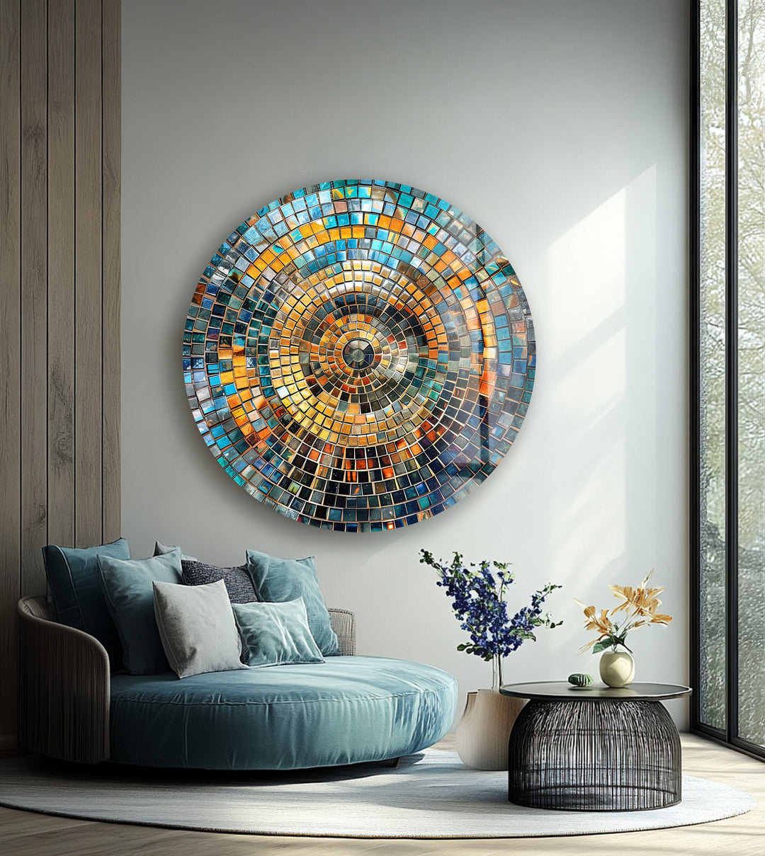 Aurora Mosaic – Radiant Blue and Gold Round Glass Wall Art