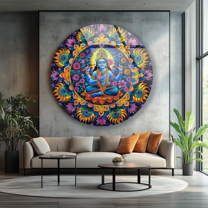 Vibrant divine mandala glass wall piece for meditation décor