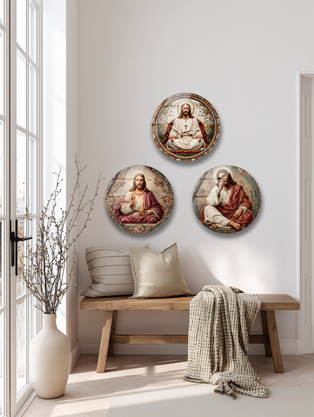 Sacred Grace Collection – Jesus Christ Mosaic Round Glass Wall Art Set