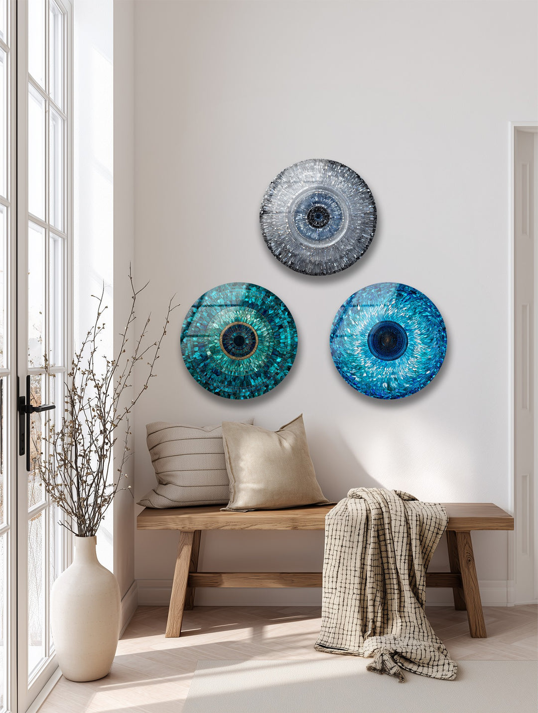 Azure Harmony Trio – Evil Eye Mosaic Round Glass Wall Art Set