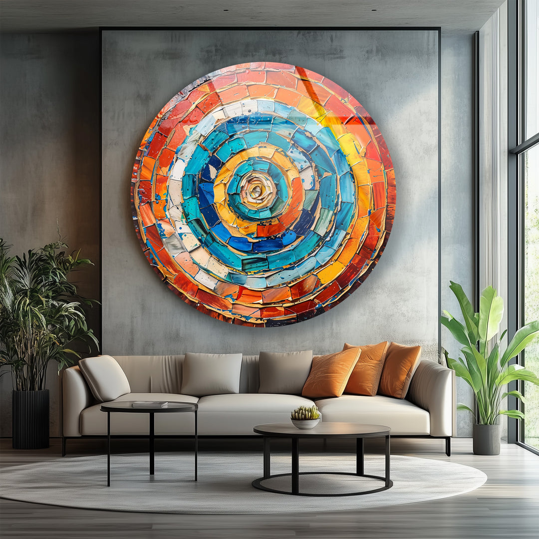Radiant Vortex – Abstract Circular Mosaic Round Glass Wall Art