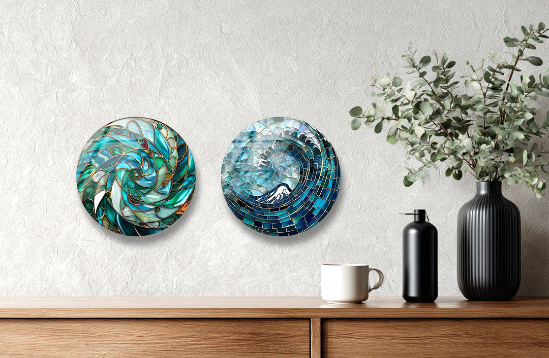 Aqua Spiral Essence – Abstract Ocean Mosaic Round Glass Wall Art Set