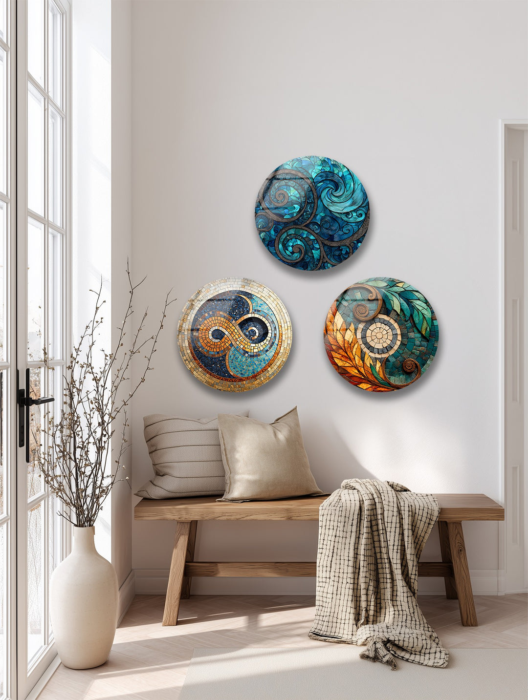 Ocean Harmony Quartet – Abstract Swirl Mosaic Round Glass Wall Art Set