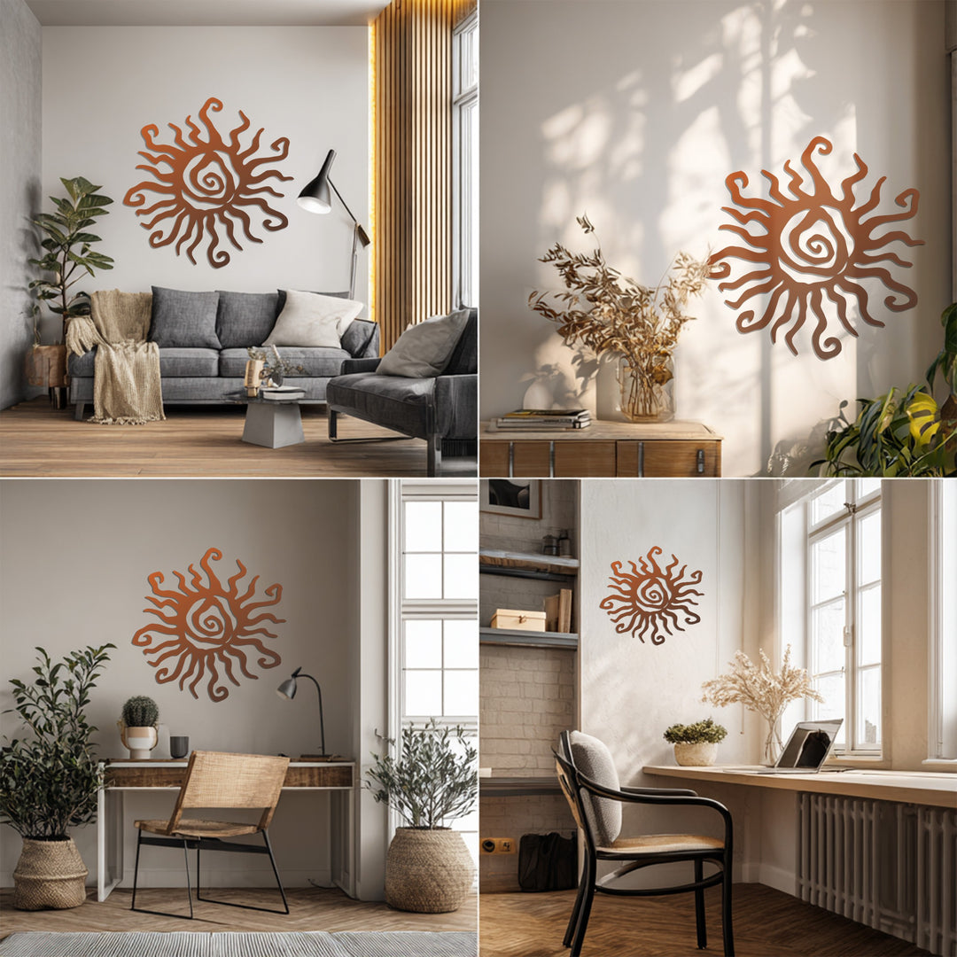 Abstract Sun Metal Wall Art – Bohemian Spiral Sunburst Decor