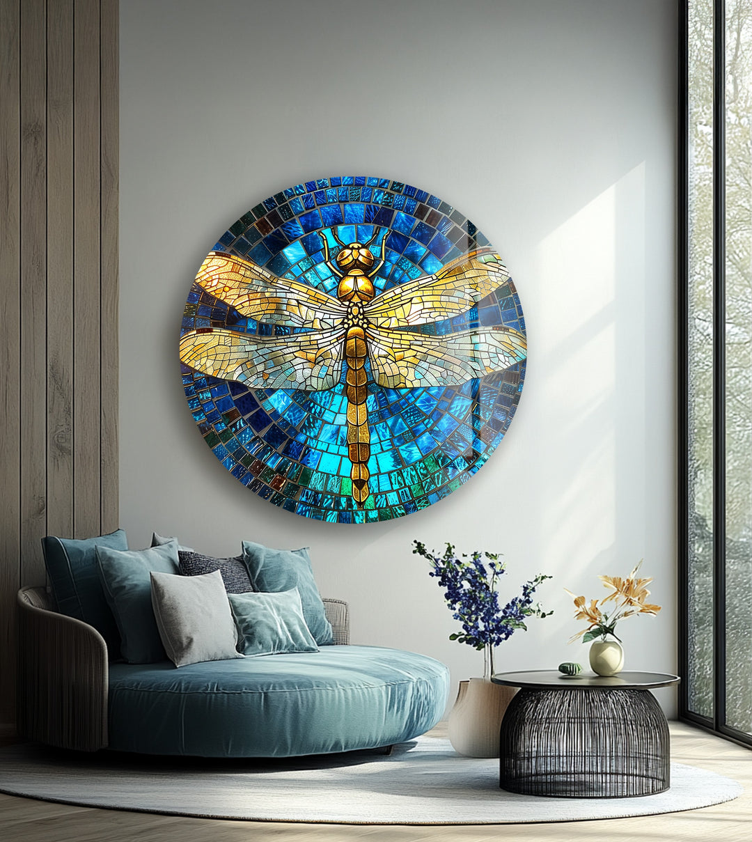 Golden Serenity – Dragonfly Mosaic Round Glass Wall Art