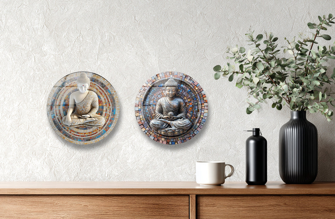 Tranquil Enlightenment – Buddha Mandala Round Glass Wall Art Set