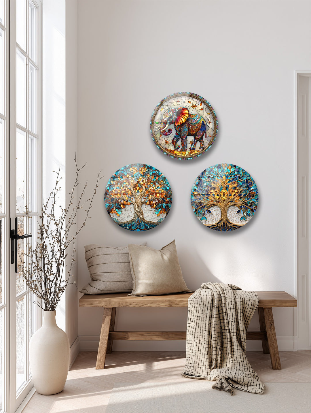 Eternal Wisdom Trio – Elephant & Tree of Life Round Glass Wall Art Set