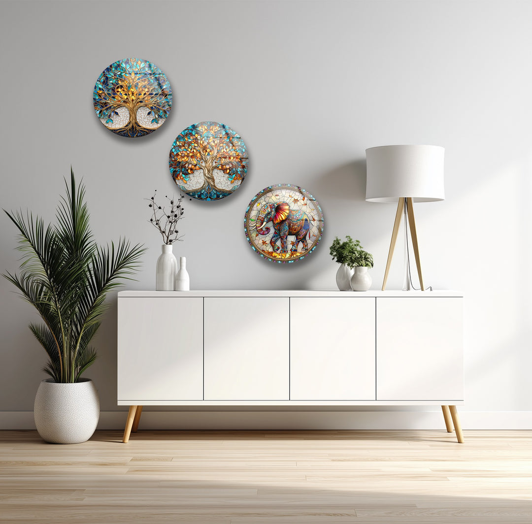 Eternal Wisdom Trio – Elephant & Tree of Life Round Glass Wall Art Set