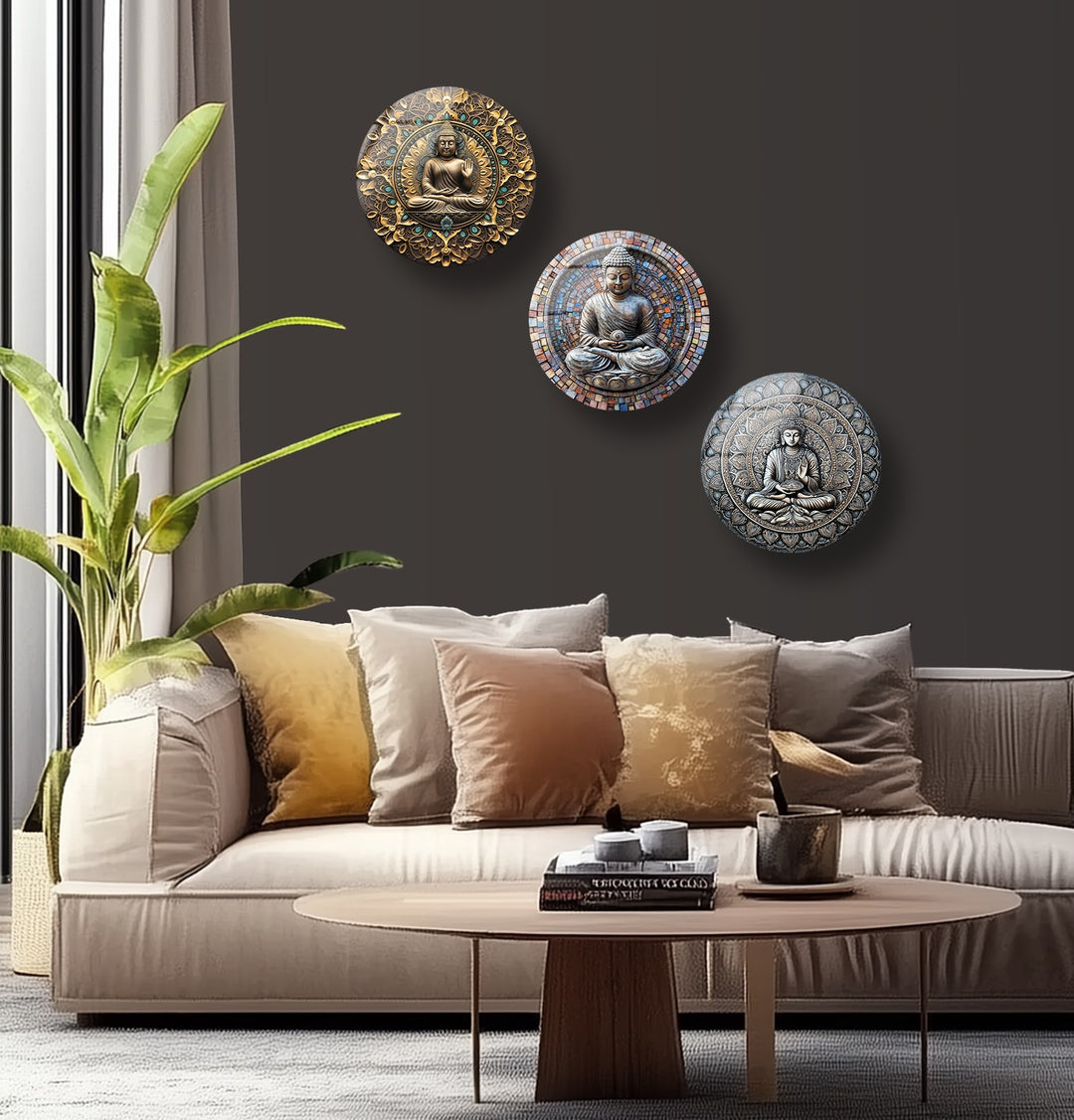 Tranquil Enlightenment – Buddha Mandala Round Glass Wall Art Set