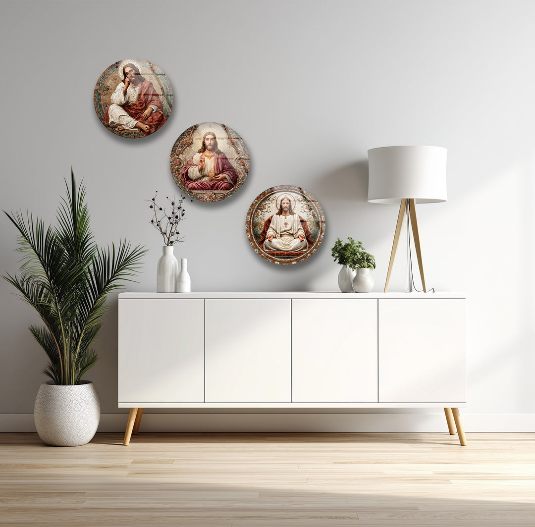 Sacred Grace Collection – Jesus Christ Mosaic Round Glass Wall Art Set
