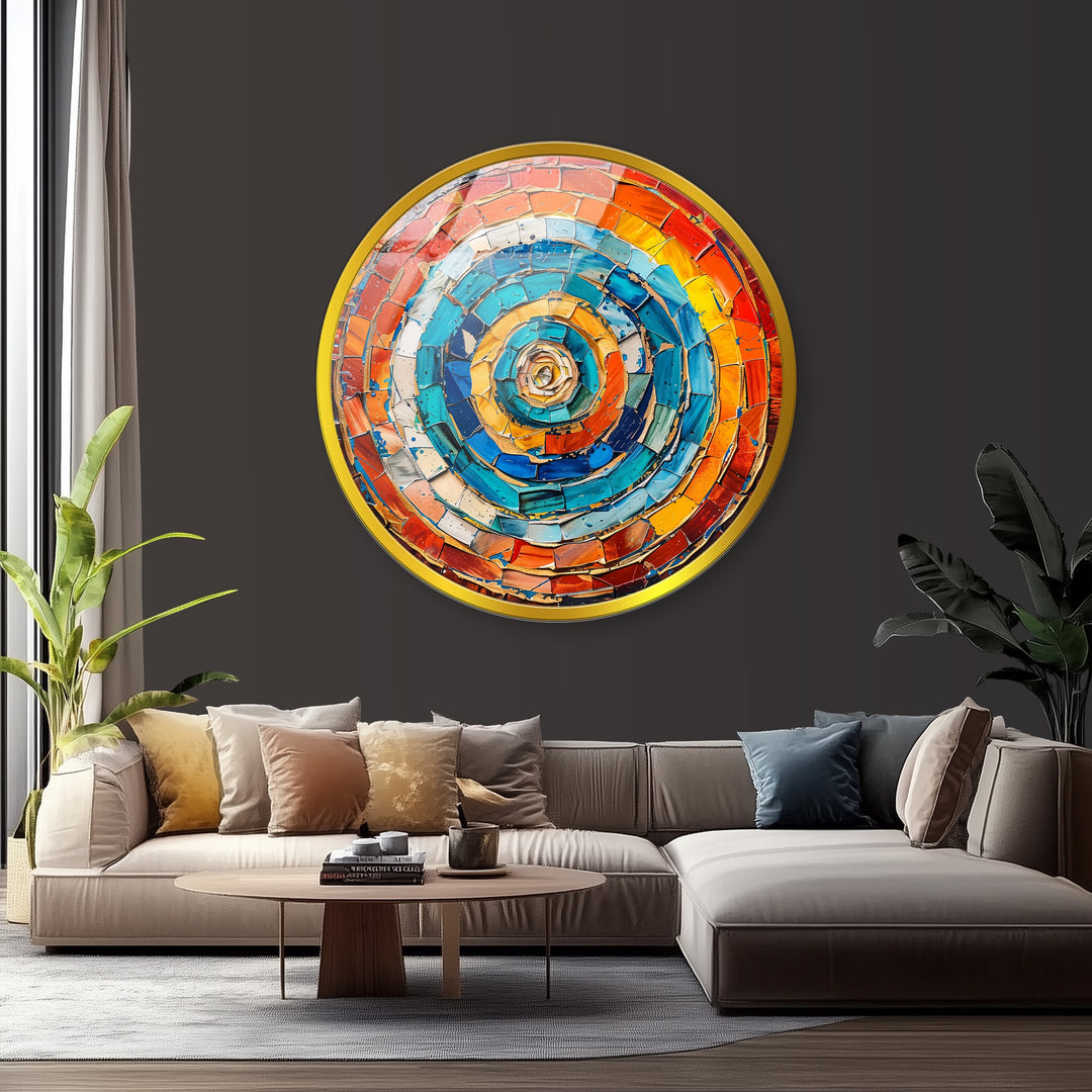 Radiant Vortex – Abstract Circular Mosaic Round Glass Wall Art