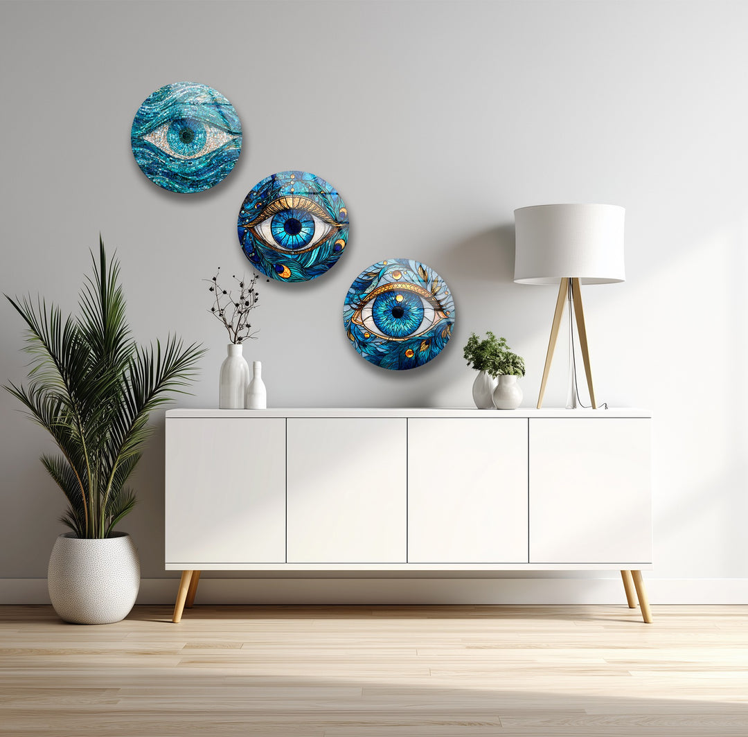 Mystic Vision Trio – Blue Evil Eye Mosaic Round Glass Wall Art Set