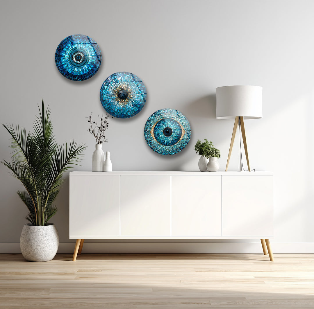 Blue Mosaic Protection Trio – Evil Eye Round Glass Wall Art Set