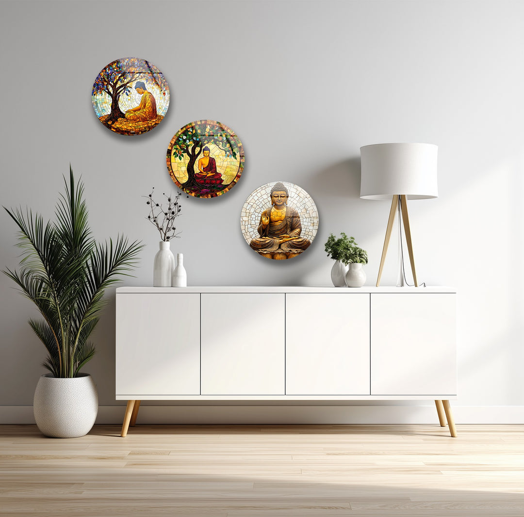 Serene Enlightenment Set – Buddha Mosaic Round Glass Wall Art Collection