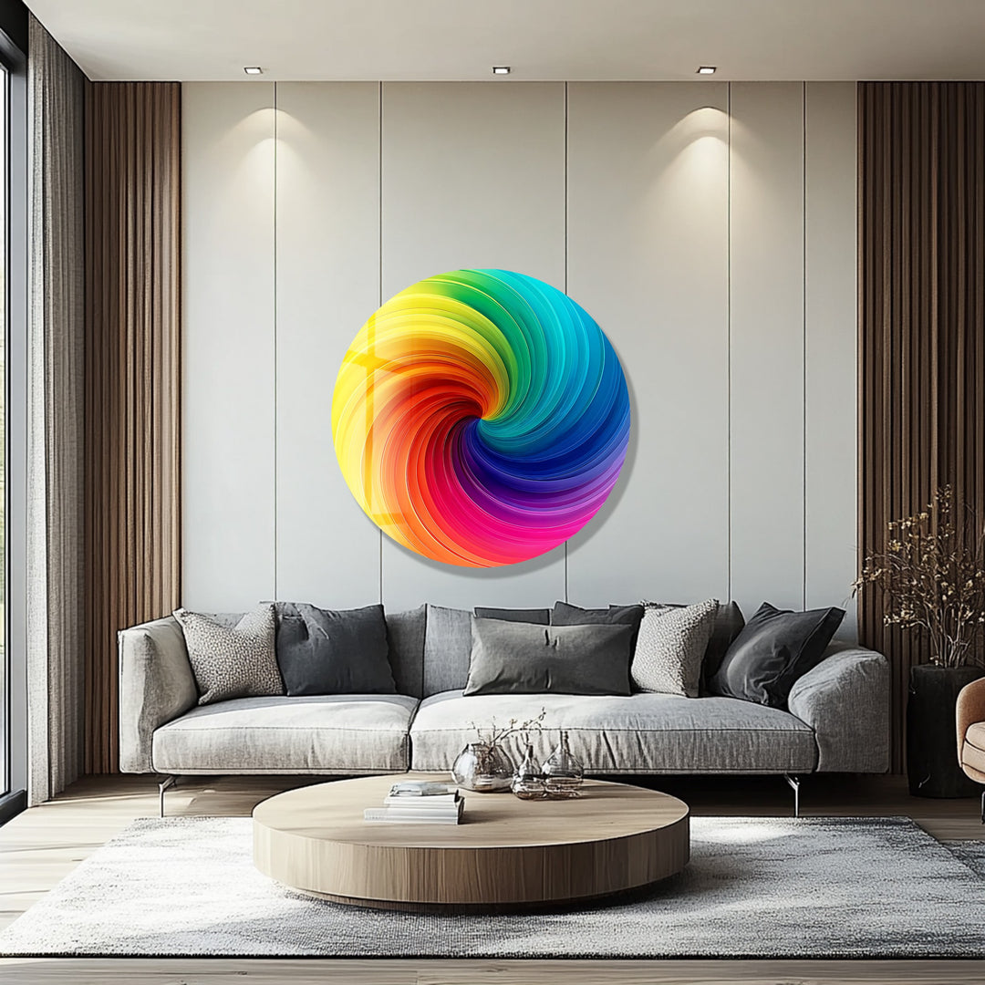 Vortex of Color – Rainbow Swirl Round Glass Wall Art