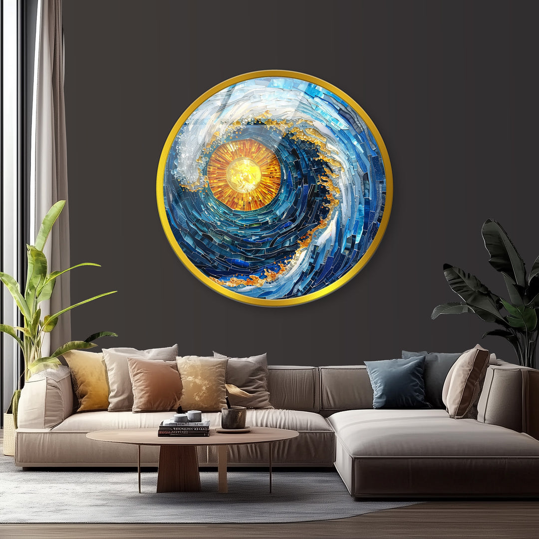 Solar Tide – Blue Wave Mosaic Round Glass Wall Art