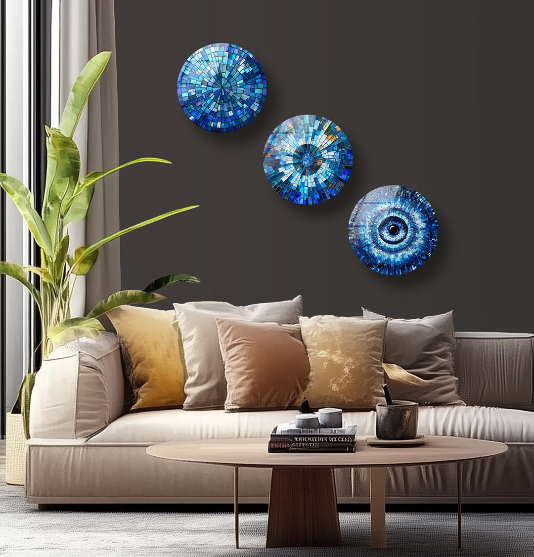 Blue Mosaic Harmony – Evil Eye Inspired Round Glass Wall Art Set