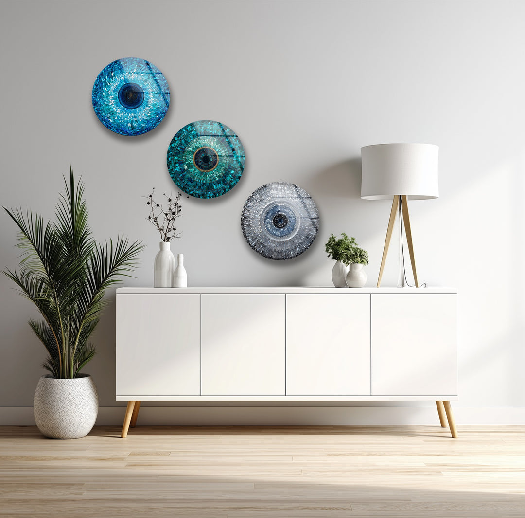 Azure Harmony Trio – Evil Eye Mosaic Round Glass Wall Art Set
