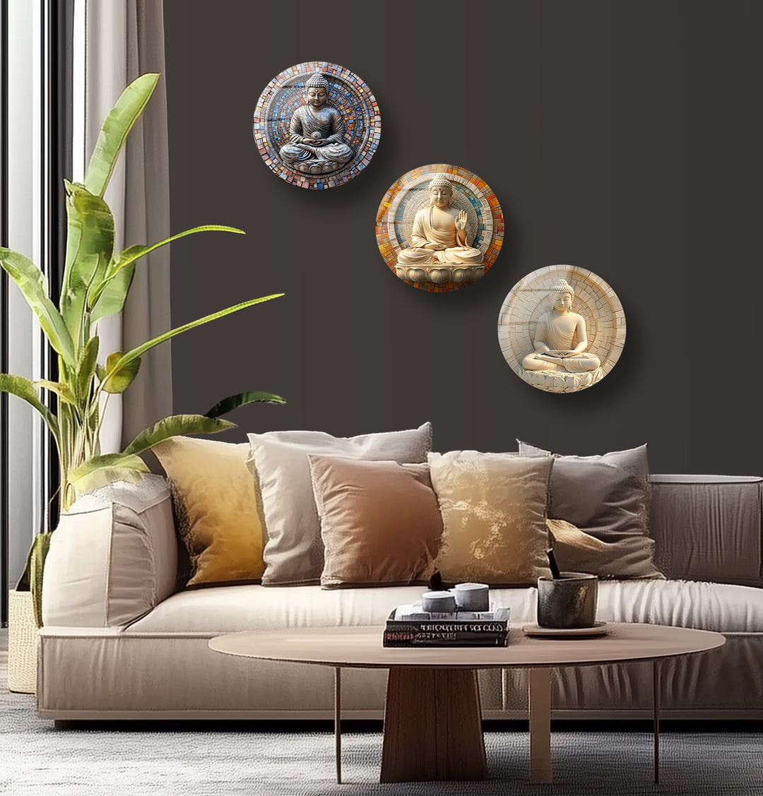 Tranquil Enlightenment – Buddha Mosaic Round Glass Wall Art Set