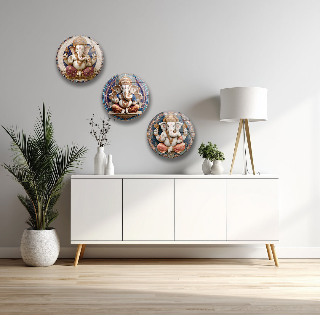 Divine Prosperity Trio – Lord Ganesha Round Glass Wall Art Set