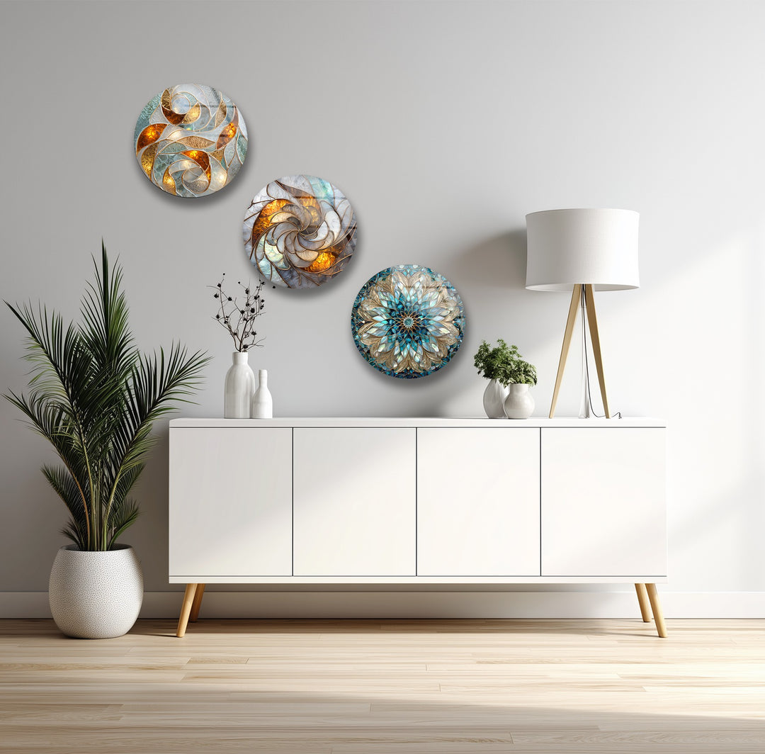 Golden Harmony Trio – Abstract Mosaic Round Glass Wall Art Set