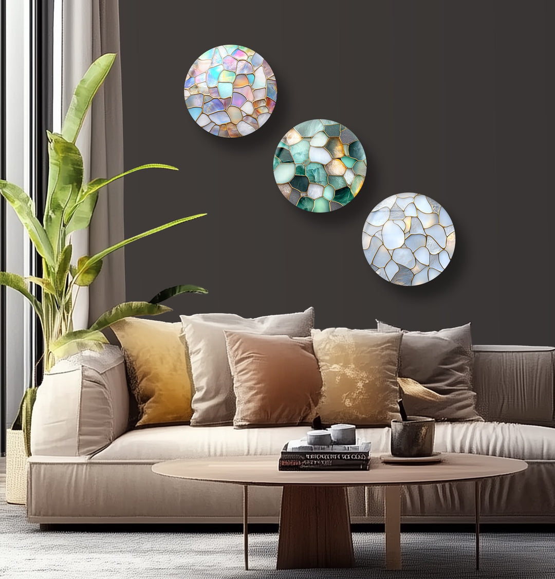 Serene Glow – Ocean Pebble Mosaic Round Glass Wall Art Set
