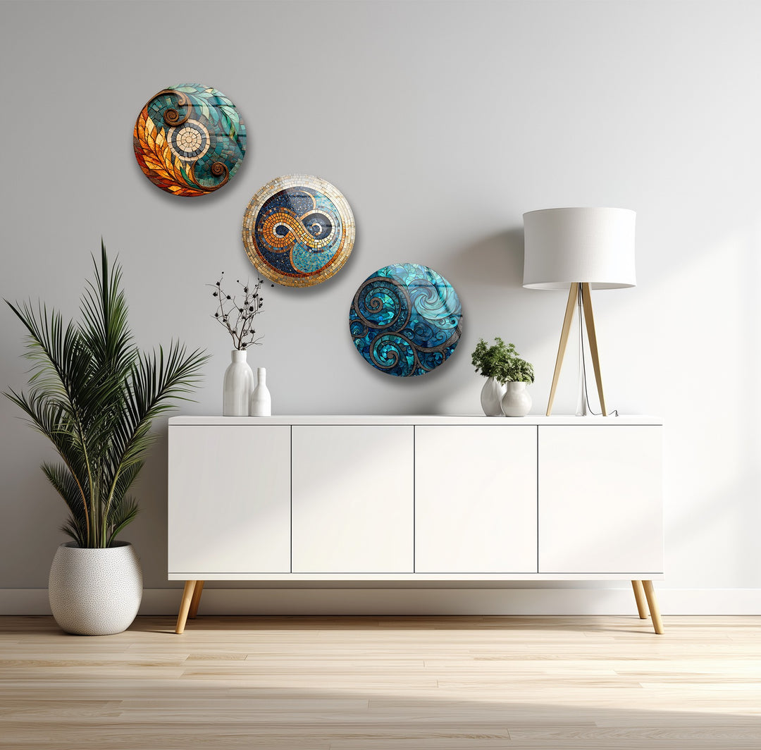 Ocean Harmony Quartet – Abstract Swirl Mosaic Round Glass Wall Art Set