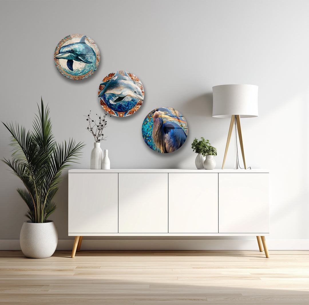 Oceanic Harmony Trio – Dolphin & Heron Mosaic Round Glass Wall Art Set